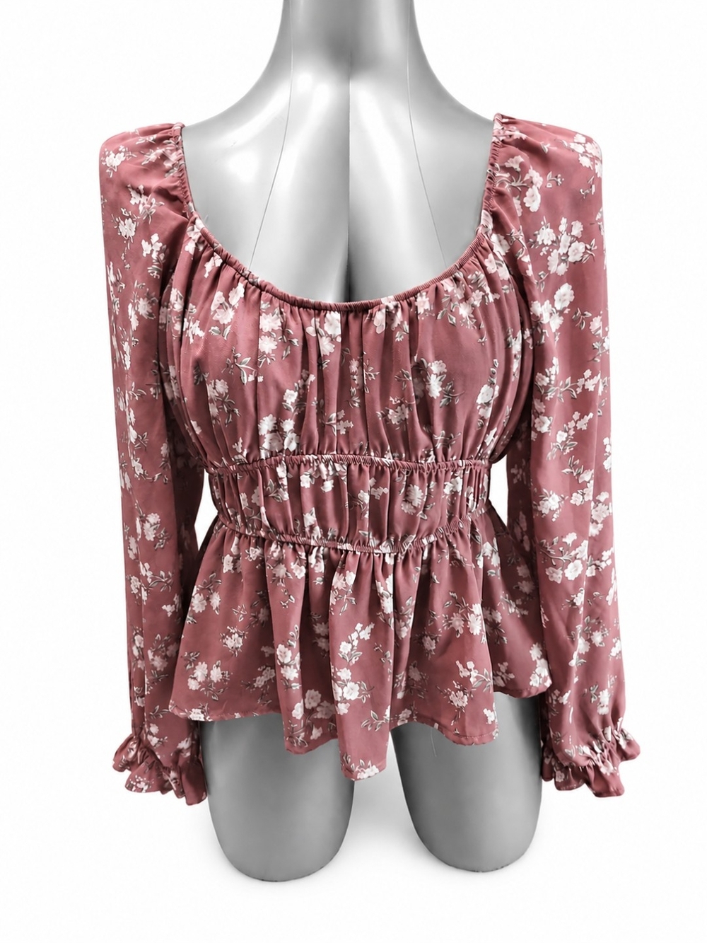 Planet Heart Floral Peplum Blouse XL Mauve Rose Long Sleeve Boho Top EUC